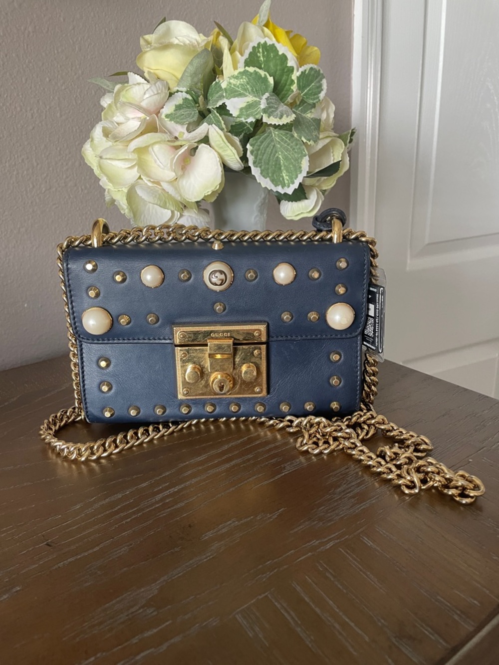 Gucci Navy Leather Chain Crossbody with Pearls & Gold Hardware